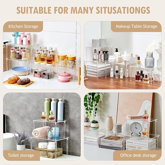 Acrylic Spice Rack Organizer Shelf for Cabinet, Set of 4 Shelves for Kitchen Organizers and Storage, Stackable Display Riser Shelf for Countertop Display Pantry Cabinet, Clear Shelves Room Decor