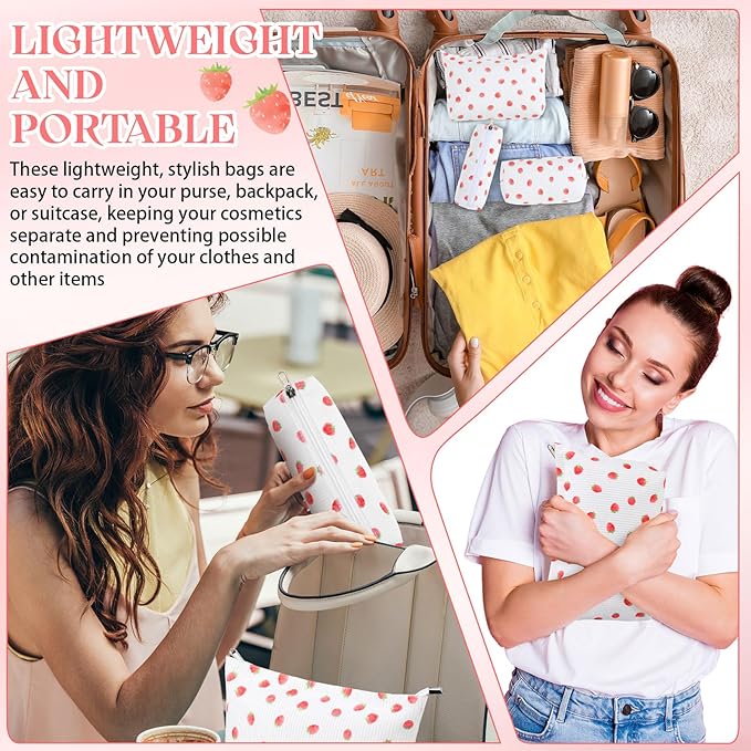 3 Pcs Makeup Bag Set for Women Corduroy Cosmetic Pouch Aesthetic Smile Travel Toiletry Bag Cute Purse Pouch Pencil Case Makeup Brushes Storage Organizer for Christmas (Beige,Strawberry)