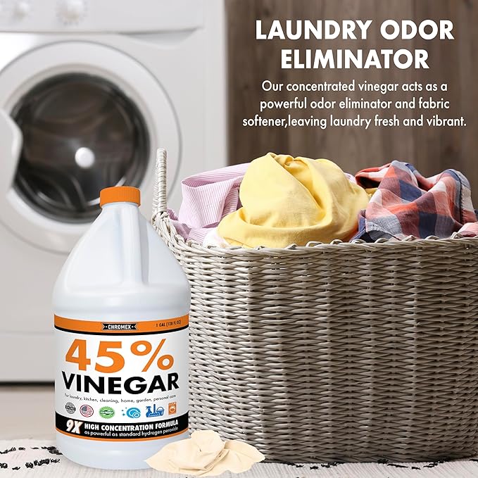 Chromex 45% Ultra Concentrated Vinegar - Dilutes to 9 Gallons - 9x Strength Multi-Purpose Cleaning, Deodorizing, Laundry, Gardening, Descaling, and Drain Cleaning Solution - 1 Gallon