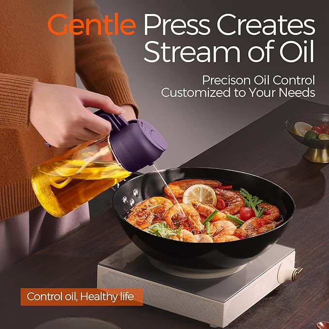 YARRAMATE 2Pcs 16oz/470ml Glass Olive Oil Sprayer for Cooking with Stickers, 2 in 1 Oil Dispenser for Kitchen Gadgets, Food Grade Premium Spray Bottle with Portion Control for Salad, BBQ(Black&Purple)