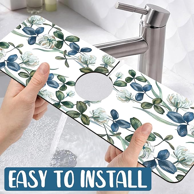 Watercolor Garland Flower Sink Splash Guard Faucet Mat Clover Leaves Super Absorbent Fast Drying Mat Sink Gadgets-Splash Guard Behind Faucet Drip Catcher for Kitchen Bathroom, 15.5"x5.5"