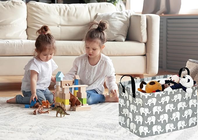 KUNRO Rectang Storage Basket Gift Shelf Basket Storage Bin, Nursery Basket Organizer Box for With Handles for Room Deco (Elephant)