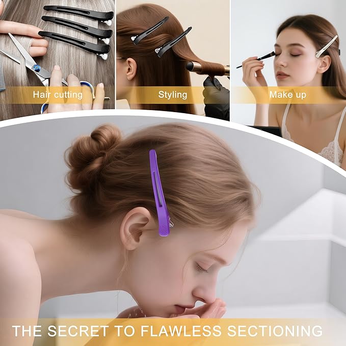 12 PCS Duckbill Hair Clips for Sectioning - 4.3” Professional Non-Slip Hair Clamps with Silicone Band, Gentle No-Mark Hold for Thick Hair, Styling & Coloring, Salon Hairdressing Accessories