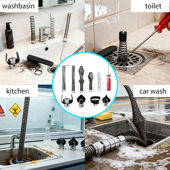 10Pcs Drain Snake Drill Attachment Kit, 5/8" Drain Cleaning Cable Accessories, Sewer Clog Remover Drill Heads & Tips for Kitchen Sink Bathroom Toilet Tub Drain Cleaning