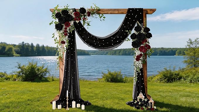 Socomi Pearl Table Runner Black Summer Wedding Arch Draping Fabric 19FT Sheer Tulle Chiffon Gauze Cheese Cloth Outdoor Drapes for Birthday Party Baby Shower Bridal Engagement Decor