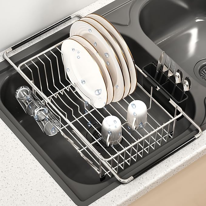 Over the Sink Expandable Dish Drainer Drying Rack In Stainless Steel for Small Kitchen, Counter Space Saving Modern Compact Metal Above Plate Dryer Strainer, Adjustable Hanging Inside Drain Holder