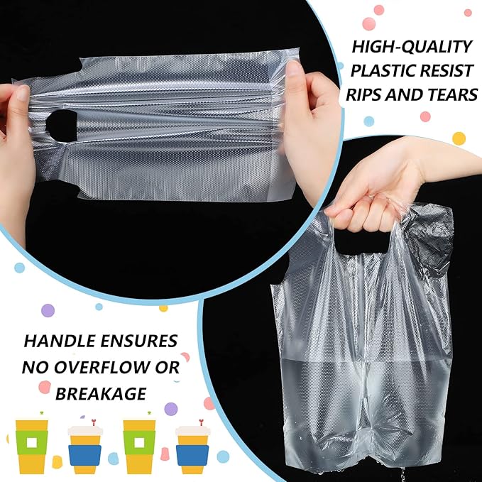 Tinlade 500 Pcs Clear Handle Drinking Poly Bags Bulk 2 and 1 Cup Plastic Portable Cup Carrier Holder Bag Packaging Delivery Hanging Hole, 6.3 x 10.2, 12.2 x 10.2 Inch