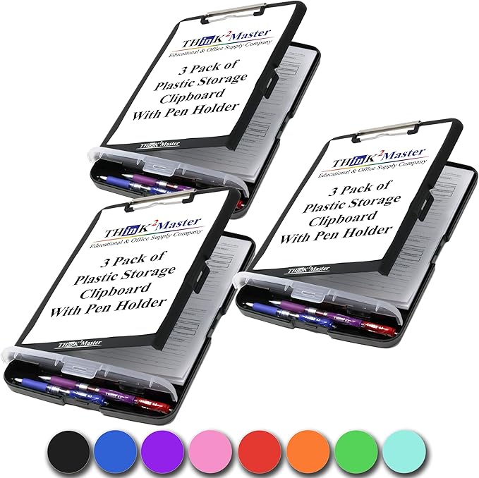 Think2Master [3 Pack] Black Plastic Storage Clipboard with Pencil Holder. | 25% Heavier & 25% Sturdier| Heavy Duty. Nursing, Teacher & Classroom Must Have.