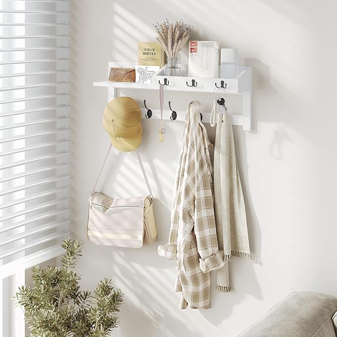 AMBIRD Wall Hooks with Shelf, 26.57 Inch Entryway Wood Coat Hooks for Wall, Coat Rack Wall Mount with 5 Dual Hooks 3 Key Hooks Mail Organizer and Key Rack Holder (White)