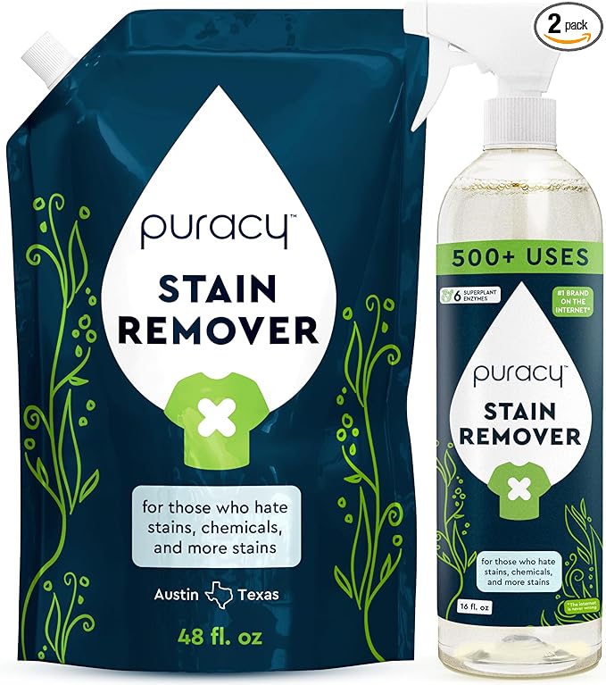 Puracy Stain Remover, Natural Based Travel and Laundry Stain Cleaner for Clothes, Baby Essentials, Kids Stains, Oil and Fabric Spot Cleaner, Unscented (Stain Remover Spray and Refill, 64 fl oz)