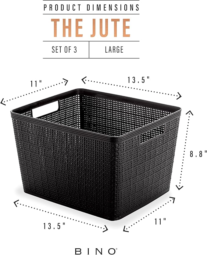 BINO | Woven Plastic Basket | Large (Black), 3-Pack | THE JUTE COLLECTION | Home Organization, Space-Saving Storage, Stylish Design | Jute Basket | Plastic Storage Basket