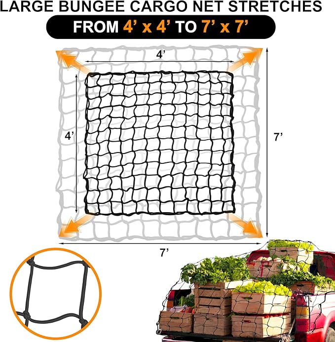Seven Sparta 4' x 4' Large Cargo Net for Pickup Truck Bed Stretches to 7' x 7' for Truck Bed, Trailer, Trunk, SUV with 12 Bonus D Clip Carabiners Cargo Net for Large Loads (Black, 4'x4')