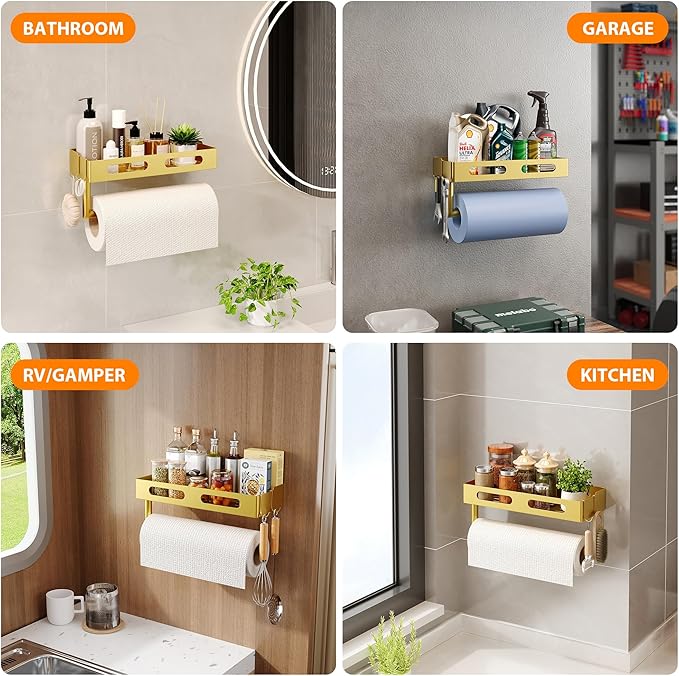Paper Towel Holder Wall Mount for Kitchen, Paper Towel Holder with Shelf for Bathroom, RV Paper Towel Rack with 2 Hooks, Gold