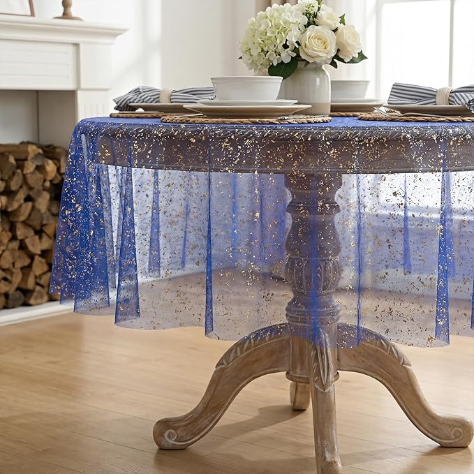 Horaldaily Royal Blue Gold Gauze Tablecloth 60x60 Inch Round, Golden Sequin Glitter Metallic Foil, Sheer Tulle Cheesecloth for Wedding Baby Shower Ceremony Birthday