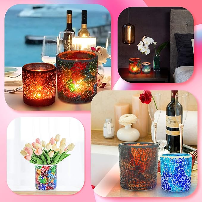 Rancco Tea Light Candle Holder Mosaic Glass Candle Jars, Handmade Romantic Tealight Holders for Make Candles and Essential Oil Diffuser, Table Centerpiece, Bath Decor, Set of 3 in 3 Size, Multicolor