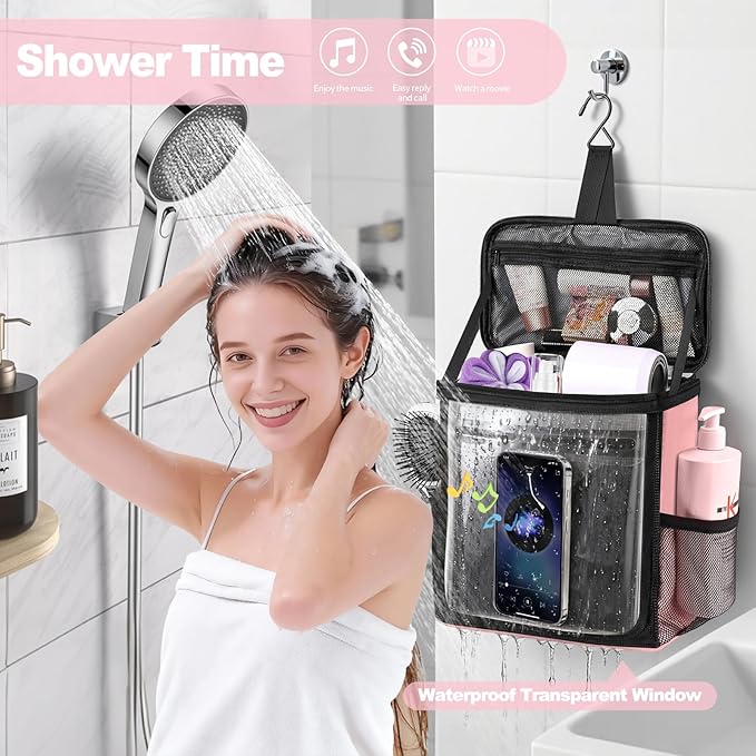Portable Hanging Shower Caddy, Large Capacity Travel Toiletry Bag for Men & Women, Bath Organizer with Hook & Waterproof Phone Compartment, for Gym, Travel, Dorm, Picnic, Bathroom(Pink)