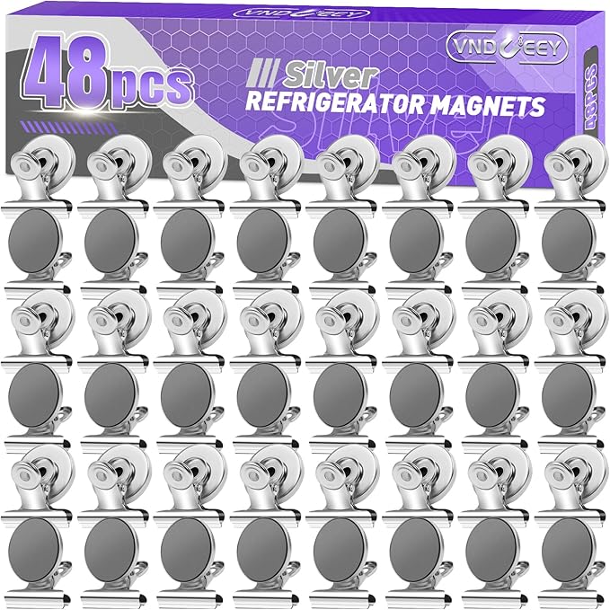 VNDUEEY Fridge Magnets Refrigerator Magnets, 48 Pack Strong Magnetic Clips Whiteboard Magnets for Hanging Photos, Heavy Duty Magnet Clips for Classroom, Locker and Office (Silver)