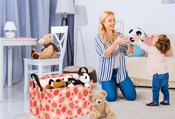 KUNRO Rectang Storage Basket Gift Shelf Basket Storage Bin, Nursery Basket Organizer Box for With Handles for Room Deco (Strawberry)