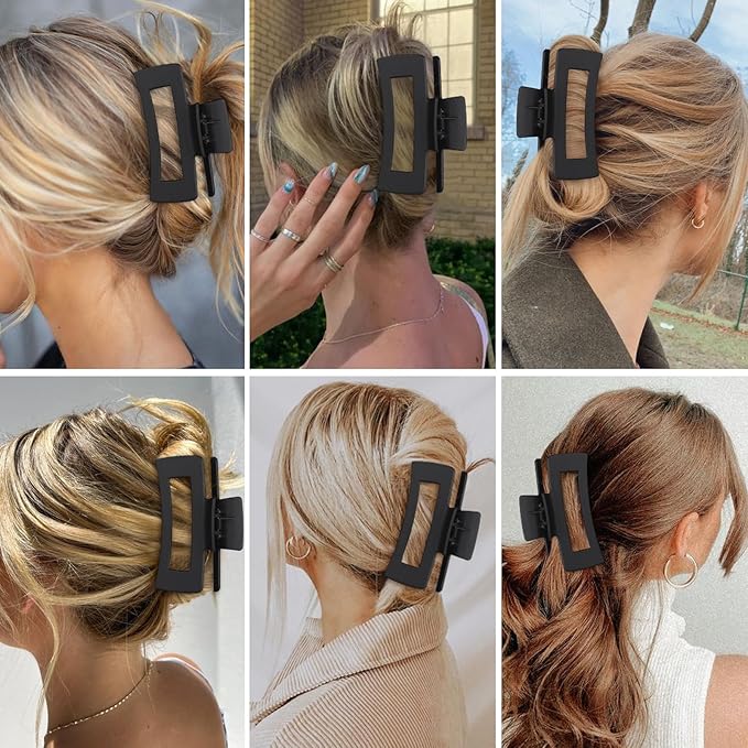 4 Inch Big Hair Claw Clips 6 Pcs Large Claw for Thick Hair Square Hair Clips for Women Rectangle Hair Clips Nonslip Acrylic Banana Jaw Clips Hair Accessories for Girls (Black)