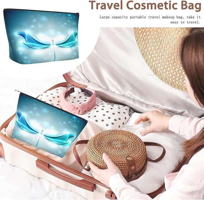 Blue Glowing Dragonfly Cosmetic Bag Abstract Makeup Bags,Travel Make up Bags for Women Girls Cute Zipper Pouch Toiletry Organizer Bag Travel Essentials