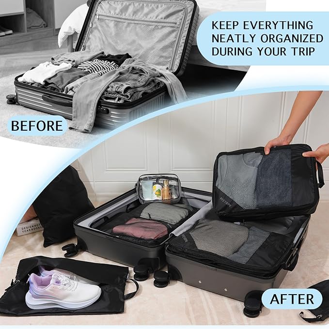 PFEYRPK Lightweight Compression Packing Cubes for Suitcases, Compressible Expandable Travel Packing Organizer with Clear Toiletries and Backpack Bag, Travel Essentials for Carry on Luggage 7 Set