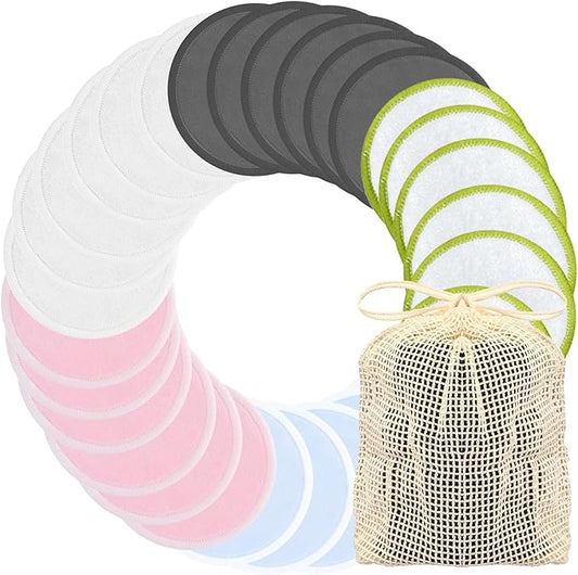 Chloven Reusable Cotton Rounds - 30 Pack Washable Bamboo Makeup Remover Pads for Gentle Cleansing Reusable Face Pads for Skincare & Nail Polish Removal with Mesh Storage Bag