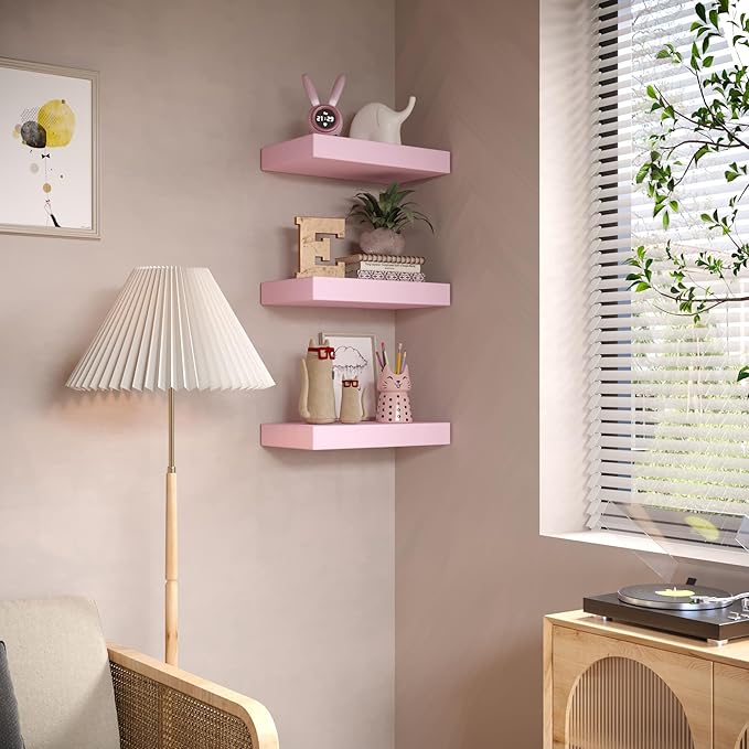 Small Pink Floating Shelves for Wall - 12 x 9 Inch Shelves for Bedroom, Living Room, Bathroom, Kitchen, Office Decor Set of 3