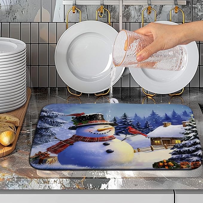Winter Snowman Dish Drying Mat for Kitchen Counter 16x18 Snow Cardinals Pine Tree Christmas Drying Mats Microfiber Absorbent Dishes Pad Dish Drainer Rack Mats for Coffee Bar Sinks Kitchen Accessories