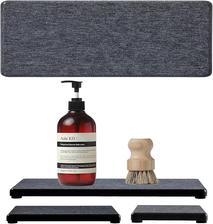 3PCS Water Absorbing Soap Dish Sponge Holder, Diatomite Stone Drying Tray Mat Sink Caddy for Kitchen Counter & Bathroom, Small Stone Bath Mat Faucet Accessories Organizer Protector, Dark Gray, 9"x 3.5"