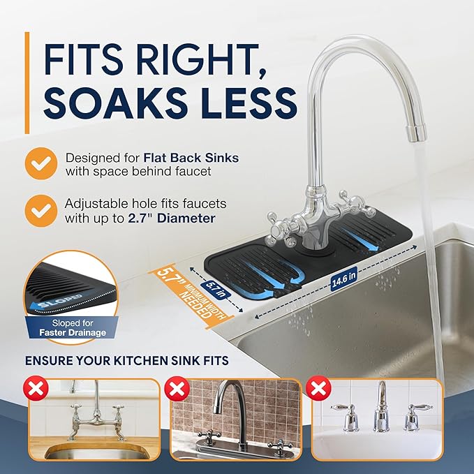 14.6” Silicone Faucet Mat For Kitchen Sink, Kitchen Sink Splash Guard Behind Faucet, Kitchen Faucet Mat For Kitchen Sink, Kitchen Sink Faucet Mat Splash Guard and Sink Water Splash Guard (Black)