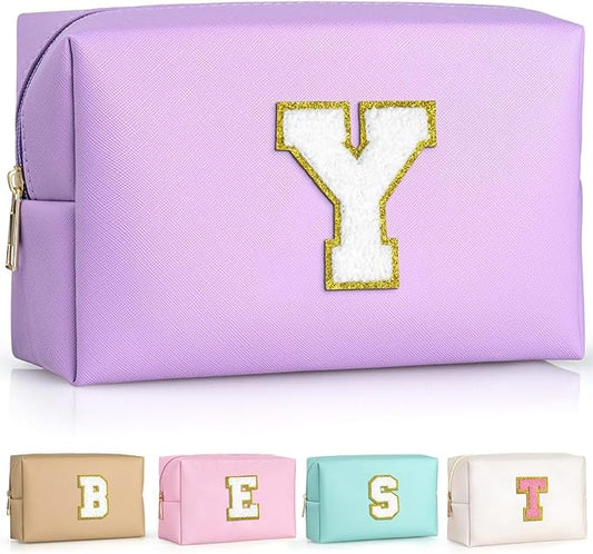 TOPEAST Preppy Makeup Bag, Small Cosmetic Travel Bags for Women, PU Leather Waterproof Toiletry Bag with Zipper, Personalized Birthday Gift for Women Girl, Preppy Gifts for Girl (Purple Y)