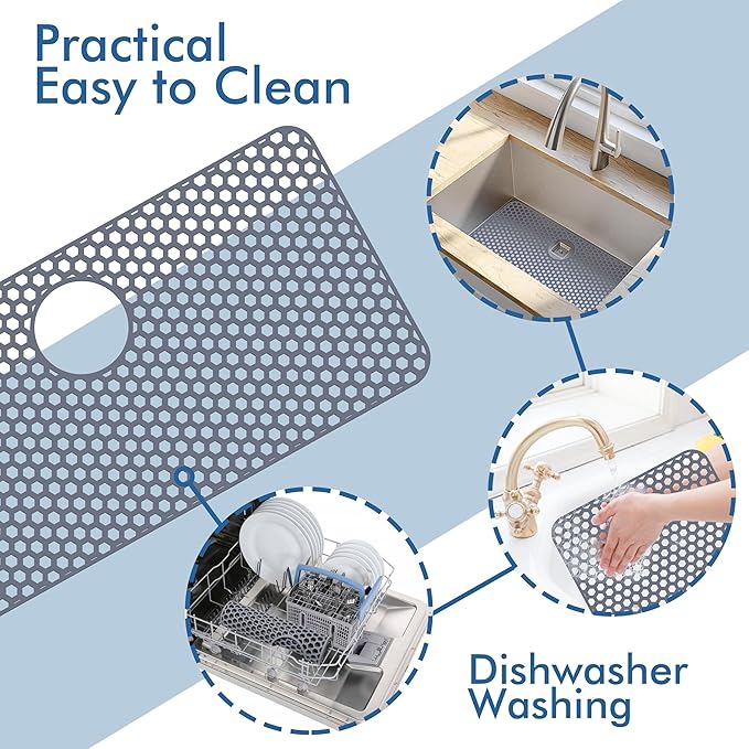 Silicone Sink Protectors for Kitchen Sink with Rear Drain - 28.3"x 15.7" Kitchen Protector Accessory, Non-Slip Heat Resistant Mat for Bottom of Farmhouse Stainless Steel Porcelain (Gray)