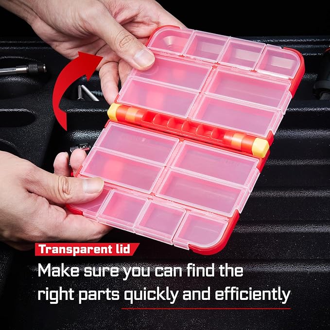 Small Storage Parts Organizer, 2Pcs Red Portable Plastic Box with Dividers, Double-sided Storage 16 Compartment Screwdriver Bit Set Box