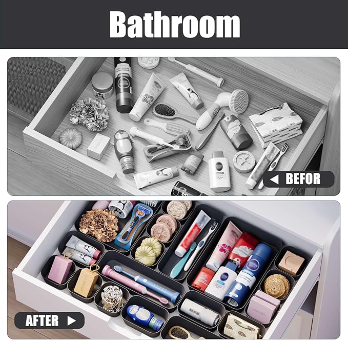 Homhut Plastic Drawer Organizers, 28 PCS Drawer Organizer Bins, Bathroom and Vanity Organizer Plastic Tray, Makeup organizer and storage for Makeup, Bedroom, Kitchen Gadgets Utensils and Office