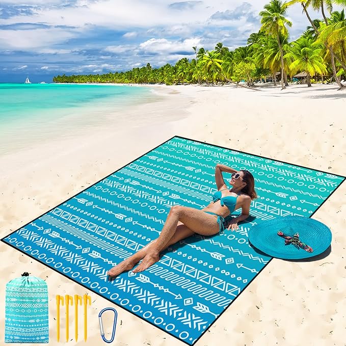 Beach Blanket Waterproof Sandproof Beach Mat 79" X 83"/10'x9' for 2-8 Adults Quick Drying Outdoor Picnic Mat Beach Accessories for Travel, Camping, Hiking