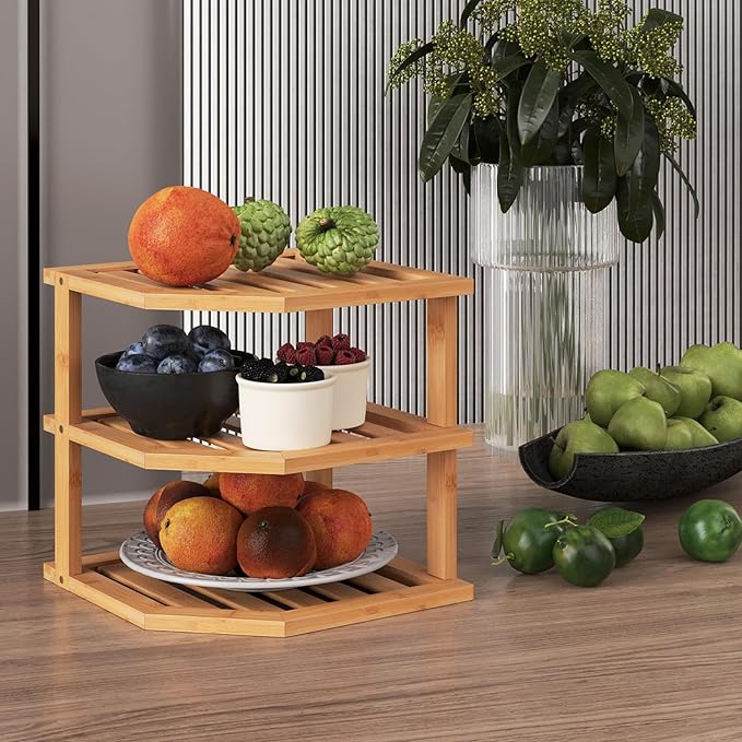 VERTORGAN 3 Tier Bamboo Corner Shelf,Dish Drying Rack,Plate Organizer,Kitchen Spice Rack for Countertop and Cabinet