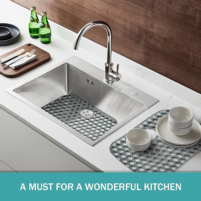 Sink Protectors for Kitchen Sink, Kitchen Sink Accessory - Silicone Mats Grid for Stainless Steel Strainer Bottom of Farmhouse Porcelain sinks (21”x16”, Rear Drain)