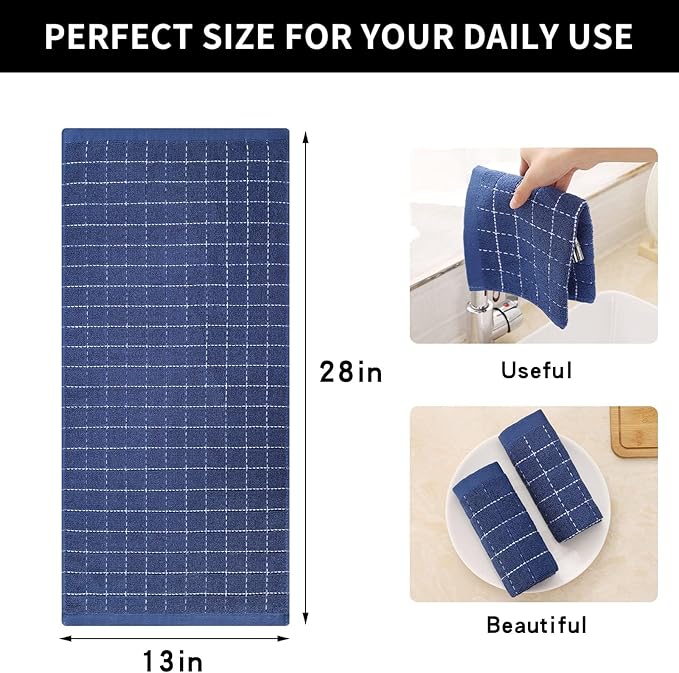 Homaxy 100% Cotton Terry Kitchen Towels(Navy Blue, 13 x 28 inches), Checkered Designed, Soft and Super Absorbent Dish Towels, 18 Pack