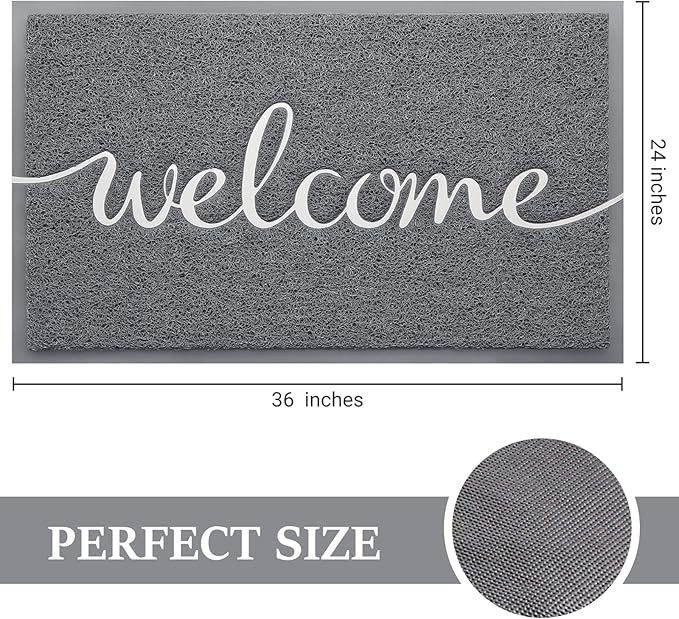 Door Mat, Welcome Mat Low Profile Floor Mat Front Doormat Indoor and Outdoor Doormat Non Slip Rugs for Entryway, Patio, High Traffic Areas (36"x24", Grey-Welcome)