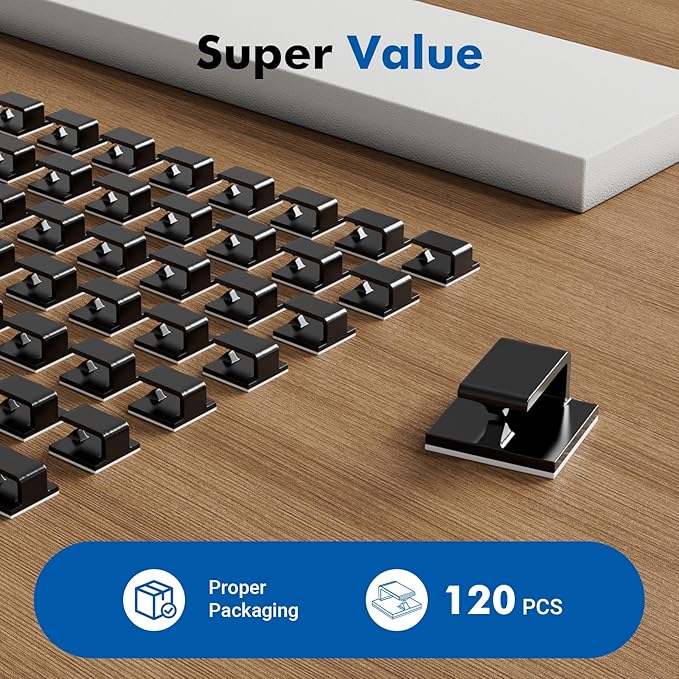 120Pcs Cable Clips, Small, Black, Adhesive Wire Clips, Cable Management Wire Organizer Cord Holder for Under Desk, Car, Wall, TV PC Ethernet Cable
