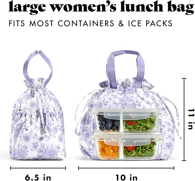 Fit & Fresh Cromwell Drawstring Lunch Bag for Women, Complete Lunch Set with 2 Containers, Stain-Resistant, Leak-Resistant, Back to School Essential, Teacher Lunchbox, Lavender Floral Toile