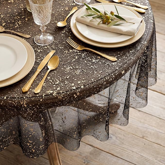 Horaldaily Black Gold Gauze Tablecloth 60x60 Inch Round, Golden Sequin Glitter Metallic Foil, Sheer Tulle Cheesecloth for Wedding Baby Shower Ceremony Birthday