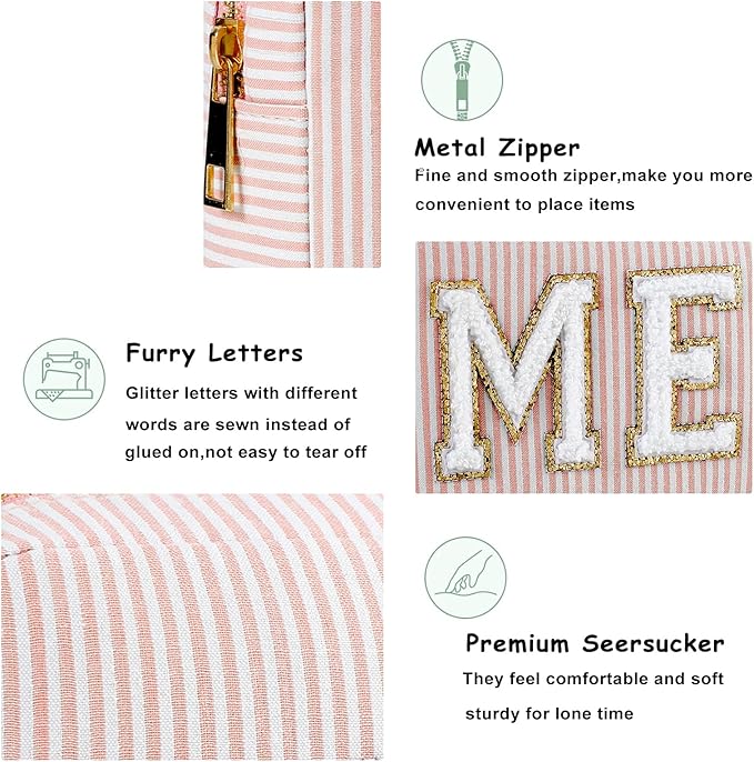 uekeboag Seersucker Chenille Letter Stuff Meds RX Makeup Bag, Travel Washable Purse Organizer with Zipper, Lightweight Toiletry Cute Personalized Preppy Cosmetic Bag For Women and Girls(3pcs Pink)
