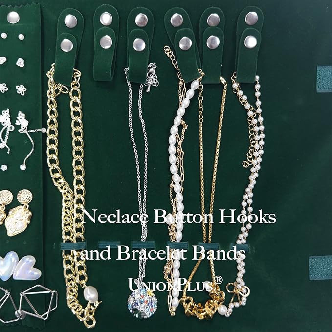 UnionPlus Velvet Travel Jewelry Case Roll Bag for Necklaces Brackets, Great Jewelry Organizer for Travel, Multi Jewelry Organizer, Blackish Green