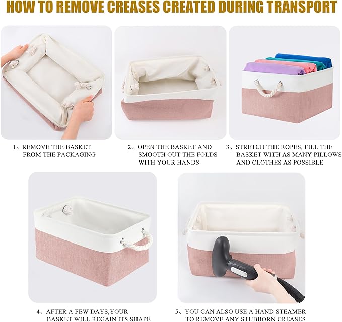 Storage Bins with Sturdy Cotton Handles(1 Pack), Fabric Storage Baskets for Organizing use for Office & Home, Book, Clothes, Toys, Closet Boxes (Medium, Pink-White, 14.2x10.2x7.1 inches)