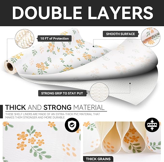 RAY STAR Shelf Liner, 18 Inch x 24 Feet Non-Adhesive Orange Floral Kitchen Cabinet Liner for Pantry Drawer Vanity, Strong Grip Non-Slip Waterproof, Shelf Liners for Kitchen Cabinets Cupboard