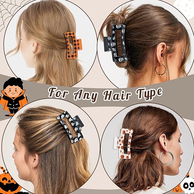 PANTIDE 8Pcs Halloween Hair Claw Clips for Women Girl - Spooky Spider Pumpkin Ghost Witch Hat Rectangle Nonslip Banana Hair Clips, Thin Thick Short Long Curly Accessories, Halloween Costume Party Gift