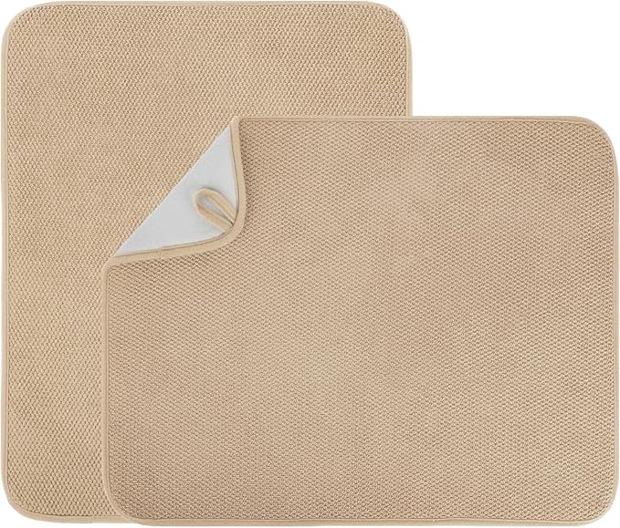 VESHE 2 Pack Microfiber Dish Drying Mat for Kitchen Counter,Ultra Absorbent Dish Drainer Mat ,Dish Drying Pad ,Dish Rack Mat 20×15 Inch (Beige)