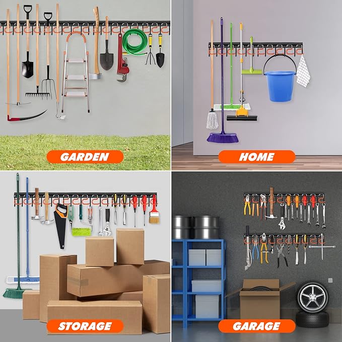 51'' All Metal Garden Tool Organizer Adjustable Garage Tool Organizer Wall Mount Garage Organizers and Storage with Heavy Duty Hooks Tool Hangers for Garage Wall, Shed, Garden