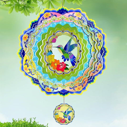 Wind Spinners - 12 Inches Large Metal Hummingbird Wind Spinner, 3D Reflective Wind Sculptures for Home, Outside Decor, Garden, Yard Art, Gifts for Mom, Daughter, Grandma's Birthday, Light Green